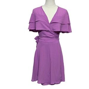 Entro Dress Womens Small Purple Wrap Ruffle Tiered V Neck Short Sleeve Tie Waist